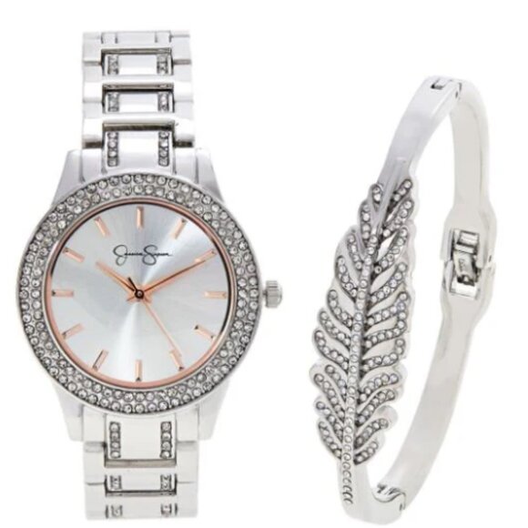 BRAND NEW Jessica Simpson Crystal-Accented Watch and Feather Bangle Set - Silver - Picture 5 of 6